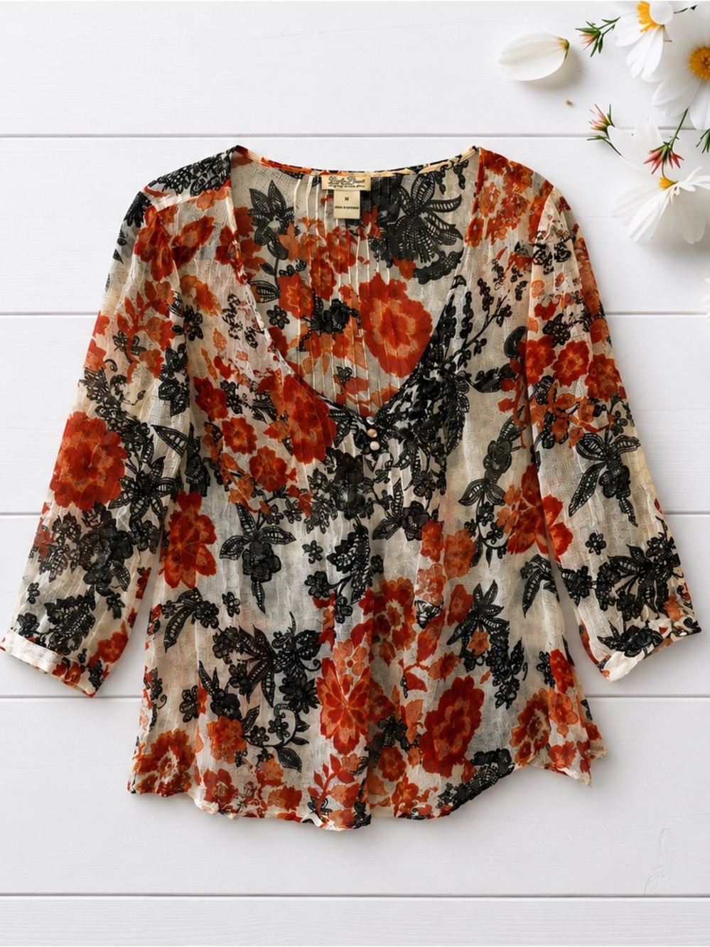 Lucky Brand blouse Burnt Orange Black Floral Print Womens medium